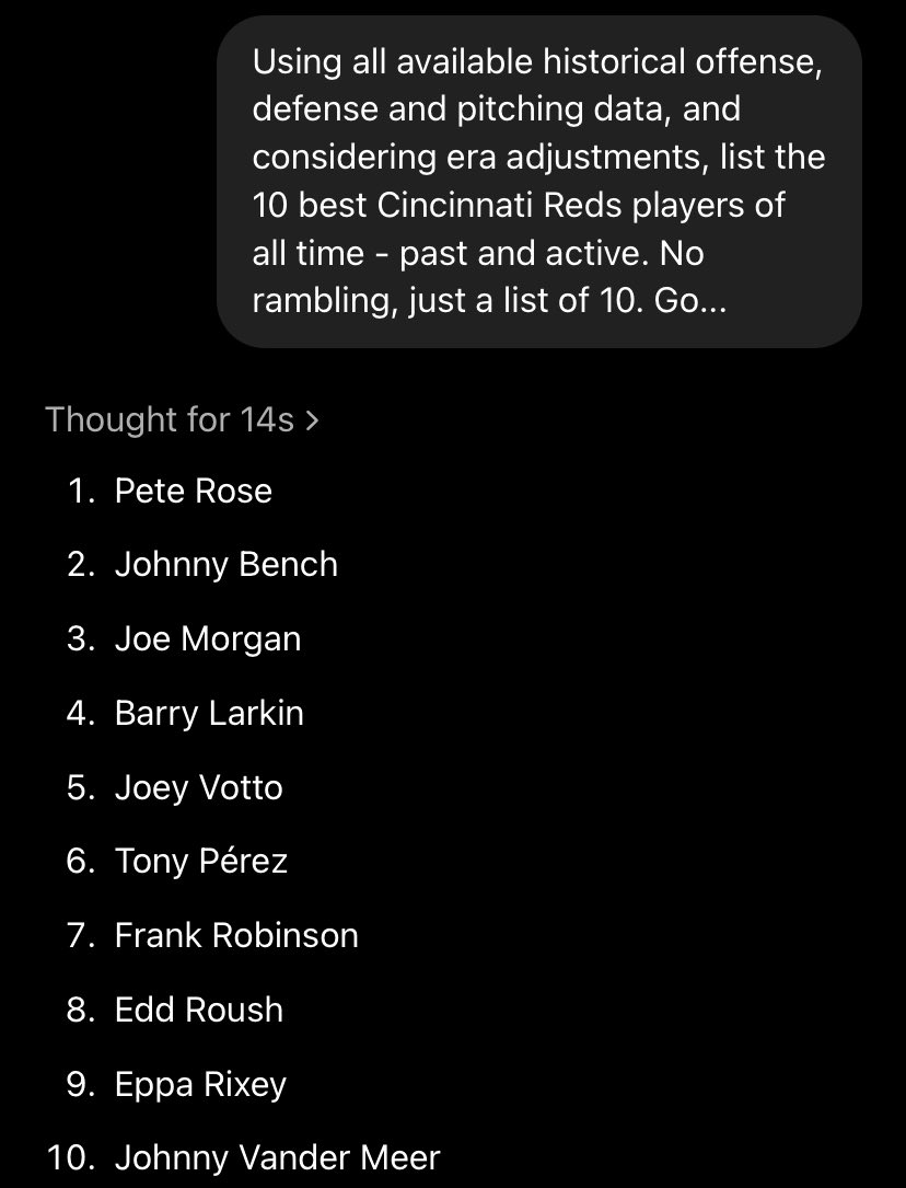 I asked ChatGPT the top 10 best Reds players of all time: