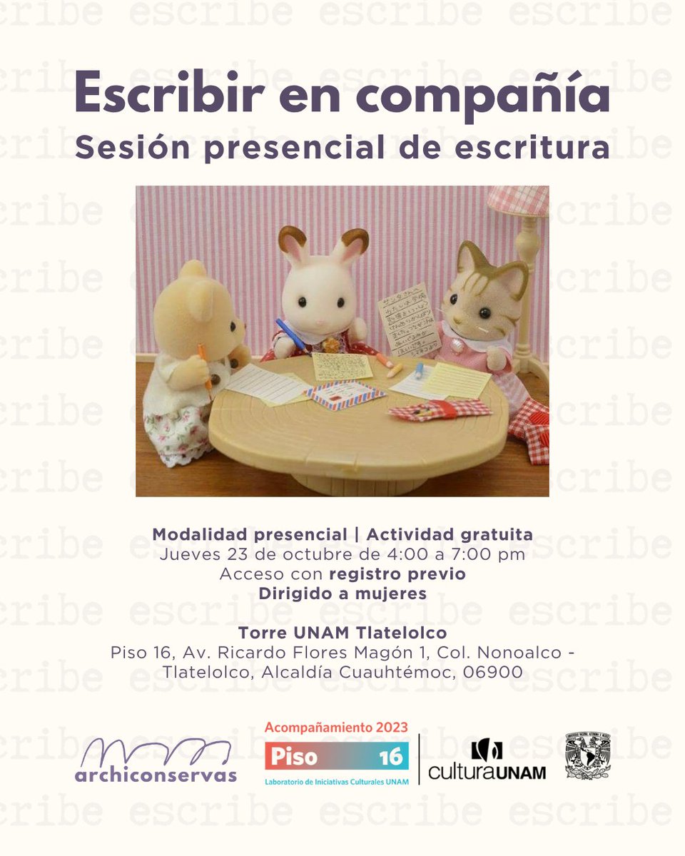 AMIGAAAS, ¿escribimos juntas en la presencialidad?

Este jueves 23 de octubre tendremos una sesión de escritura presencial y gratuitaaaa.
Cupo límitado
Dirigido sólo a mujeres.

Aquí te registras 👇👇
forms.gle/WwvNvxz2KP3n8S…