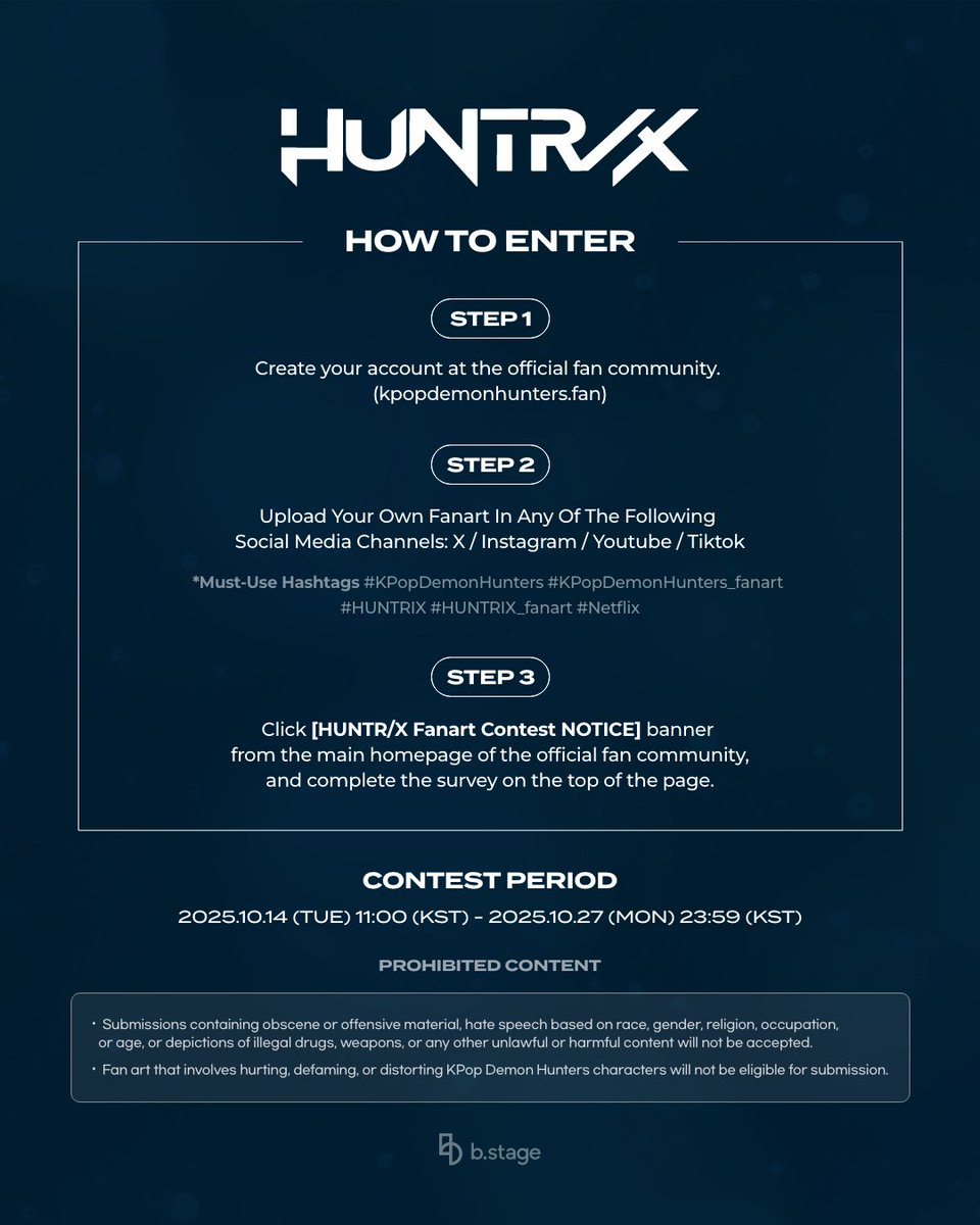 KPDH_popup's tweet photo. 🎨 KPop Demon Hunters Global Fanart Contest Open! ✨

📅 2025.10.14 (TUE) 11:00 (KST) – 2025.10.27 23:59 (KST)
📅 Winners: 2025.11.10 (MON) on the Official Fan Community
👉 https://t.co/iFs43xeN7e

#KPopDemonHunters #KPopDemonHunters_fanart #HUNTRIX #HUNTRIX_fanart #SajaBoys #SajaBoys_fanart #Netflix @netflixkr
