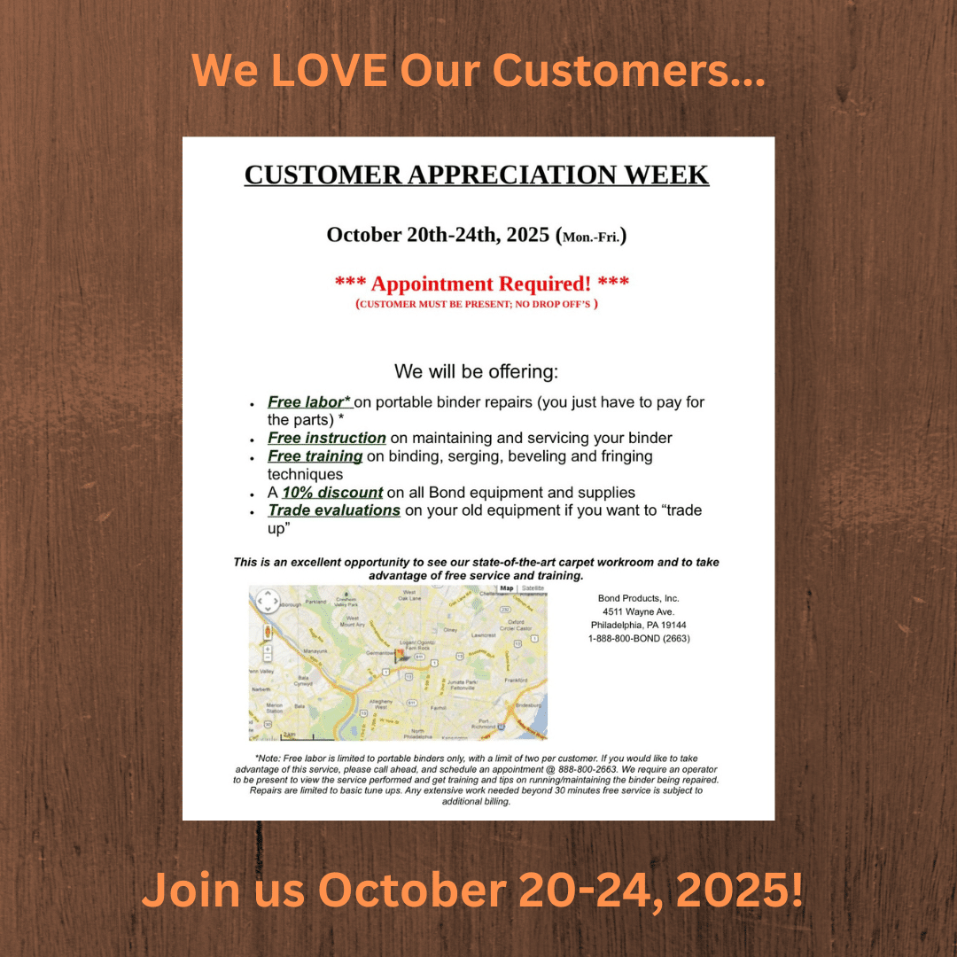 📞 Call 888-800-BOND (2663) to reserve your spot today! #customerappreciation #carpetbinding #freetraining