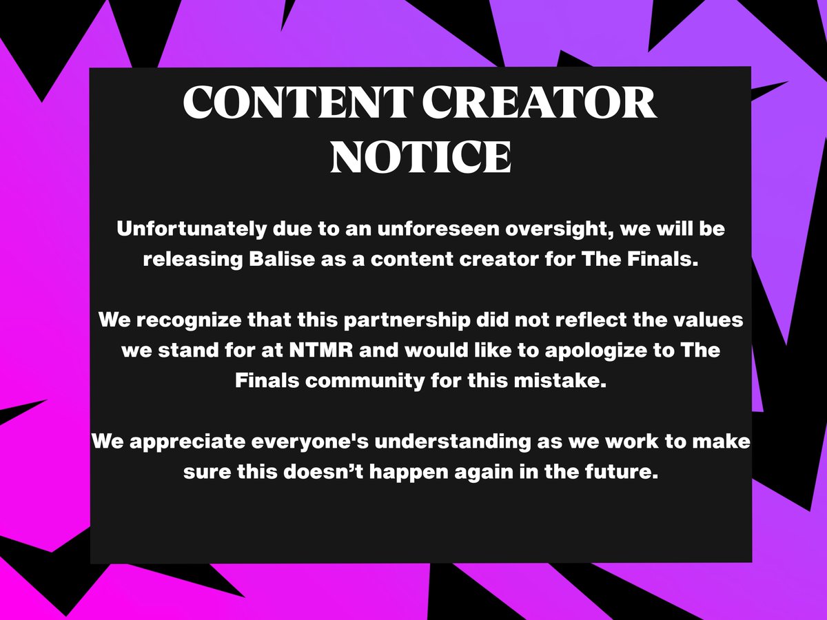 Regarding our recent The Finals creator pickup