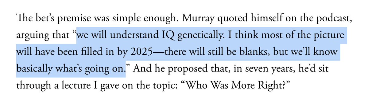 SashaGusevPosts's tweet image. Eric Turkheimer has a good piece about a bet he made with Charles Murray regarding the genetic understanding of IQ (or, really, the lack of it). Murray being so wrong in his prediction should make us question his world model, but it's also worth commenting on his response.