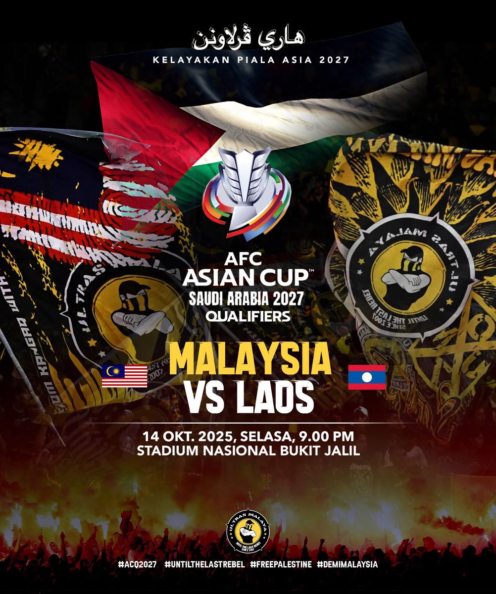 Malaysia, kami disini Malaysia. Hidup matiku Malaysia! Temujanji kita malam ini di Kelayakan Piala Asia &amp; Solidariti Penyokong Harimau Malaya utk Palestin!

Malaysia vs Laos | 14 Okt. 2025 (Selasa) 9.00 Malam, Stadium Nasional Bukit Jalil. 

#ACQ2027
#FreePalestine 
#DemiMalaysia