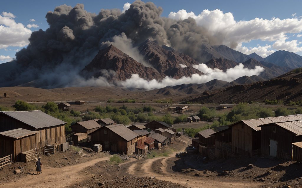 vu2lid's tweet image. Smoke rose from the mountains, the village below caught between fire and silence. 
Painterly realism, rustic mountain village, volcanic eruption backdrop. #AIArt #MemoryField