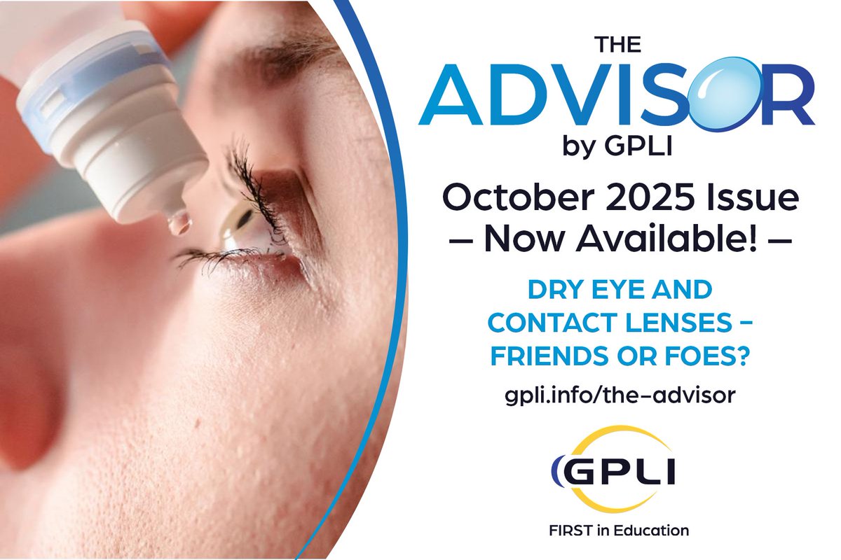 GPLensInstitute's tweet photo. Dry Eye and Contact Lenses – Friends or Foes? Find out in October's issue of The Advisor! Tons of GREAT info! https://t.co/jbejTffkXP

Thanks to this issue's sponsors: Contamac, TruForm Optics, Valley Contax, and Visionary Contact Lens https://t.co/3lSWKwlpPp