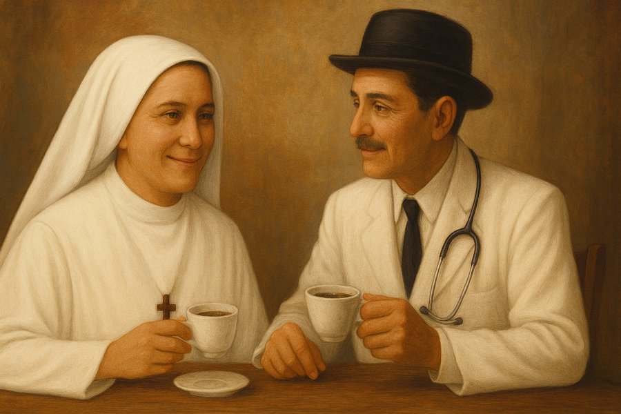 A woman dressed as a nun in a white habit and veil sits at a wooden table holding a white cup of coffee in her right hand, with a cross necklace visible on her chest, smiling gently at a man dressed as a doctor in a white coat, black tie, and black hat, who holds a stethoscope around his neck and a cup of coffee in his right hand, looking at her with a slight smile, a saucer on the table between them, set against a warm beige background.