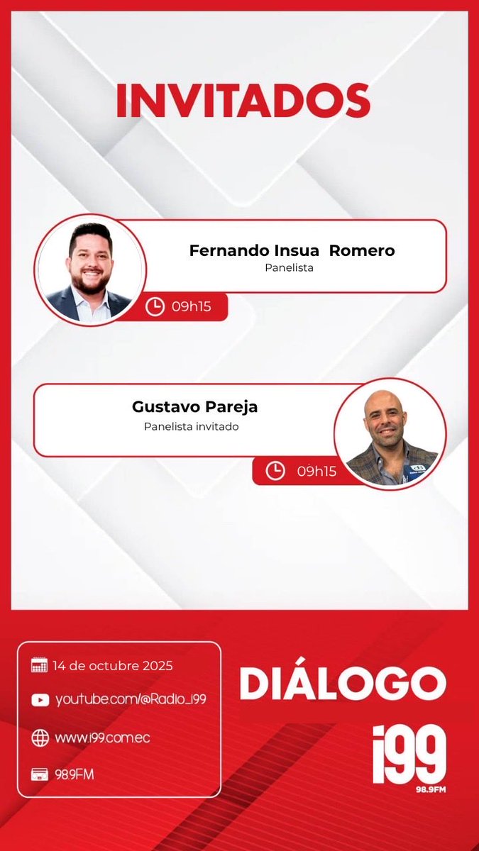 🎙️ Te presentamos a los invitados de Diálogo.

🕖 07h00 - Ing. César Castro Wilcapi
🕢 07h30 - <a href="/andresantosec/">André Santos</a> 
🕣 08h30- <a href="/CaridadVela/">Caridad Vela</a> 
🕣 09h15 - <a href="/Fernandoinsua2/">Fernandoinsua</a> 
🕣 09h15 - Gustavo Pareja

#SintonizaLa98.9FM #DiálogoEnVivo
📻 ¡No te lo pierdas!
