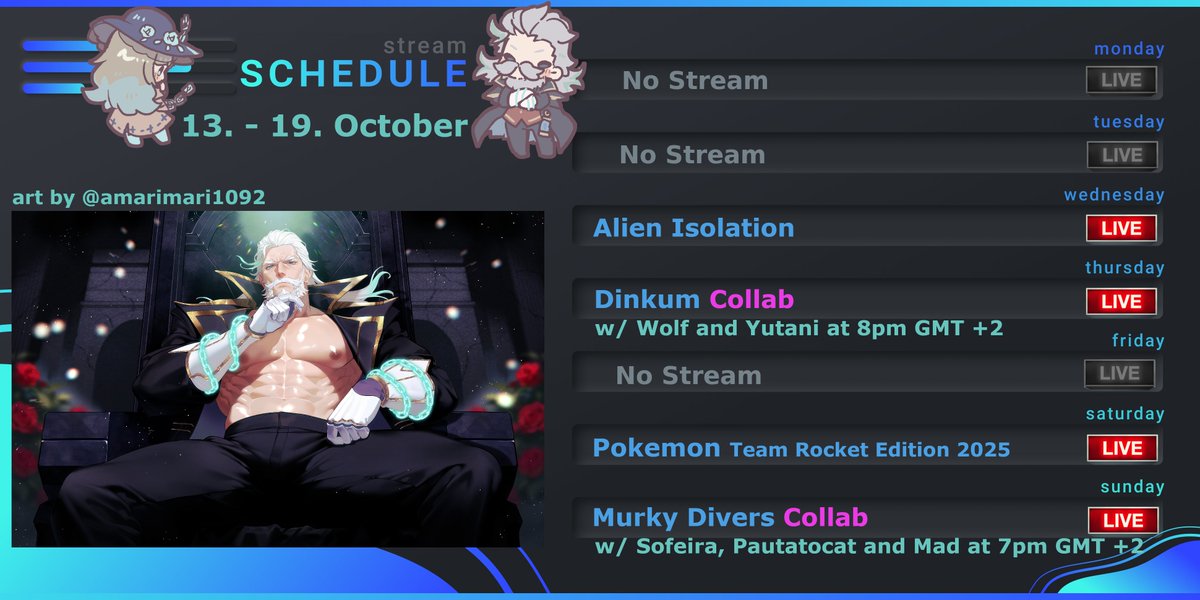 💙🪦Schedule for this week🪦💙
---------------------------------------

🥚- Alien Isolation

🦘- Dinkum w/ <a href="/YutaniYukiyuru/">Yutani Yukiyuru</a>  and <a href="/WolfTheSkeleton/">WolfTheSkeleton || VTuber</a>  

🚀- Pokemon Team Rocket Edition

🤿- Murky Divers w/ <a href="/Sofeira/">Sofeira🐲😈</a>  <a href="/pautatocatvt/">pautatocat 🥔🐈</a>  and Mad_Meadowcrow