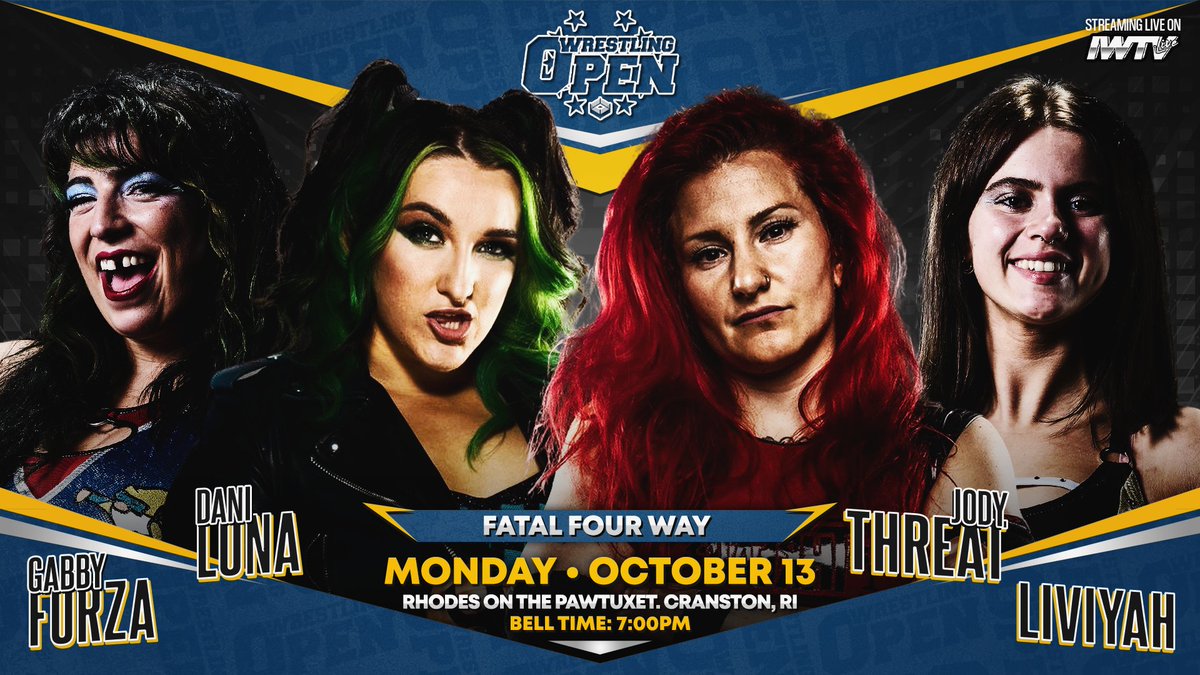 Beyond Wrestling (@beyondwrestling) on Twitter photo MATCH 6: <a href="/DaniLuna_pro/">Dani Luna</a> vs. <a href="/JodyThreat/">Jody Threat</a> vs. <a href="/liviyahpw/">LIVIYAH</a> vs. the debuting <a href="/the_gnomie/">Gabby Forza</a>
Sign up for <a href="/indiewrestling/">IWTV</a> to stream <a href="/WrestlingOpenRI/">Wrestling Open RI</a> live every Monday night at 6:45pm ET!
#WrestlingOpen | <a href="/WrestlingOpen/">Wrestling Open</a> | IWTV.live MATCH 6: <a href="/DaniLuna_pro/">Dani Luna</a> vs. <a href="/JodyThreat/">Jody Threat</a> vs. <a href="/liviyahpw/">LIVIYAH</a> vs. the debuting <a href="/the_gnomie/">Gabby Forza</a>
Sign up for <a href="/indiewrestling/">IWTV</a> to stream <a href="/WrestlingOpenRI/">Wrestling Open RI</a> live every Monday night at 6:45pm ET!
#WrestlingOpen | <a href="/WrestlingOpen/">Wrestling Open</a> | IWTV.live