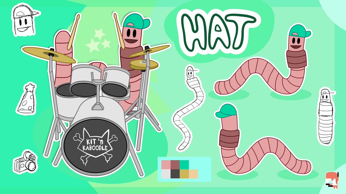 Hat is a pink worm who plays drums in 'Kit 'N Kaboodle'. Know that you've seen him, you are his friend, that's how he rolls. He loves being at the center of everything and making funny videos. Also, he stretchy.