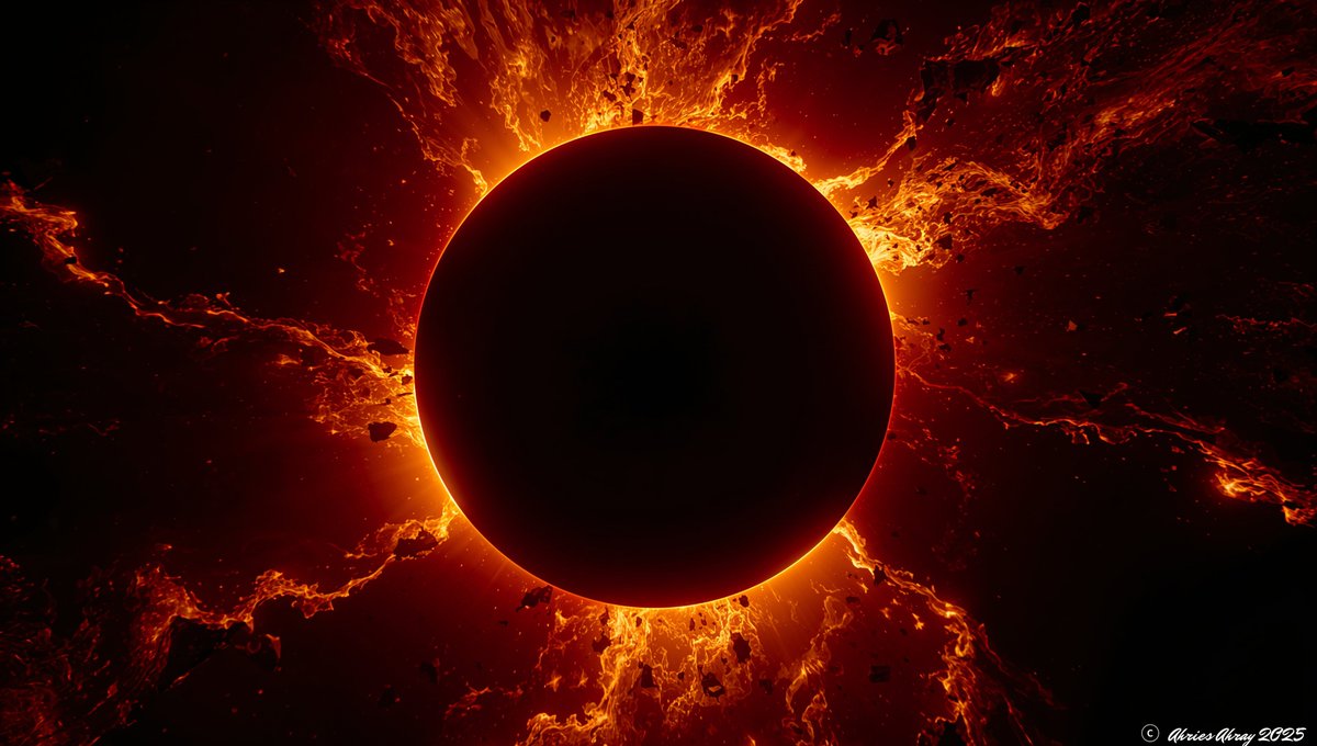 AhriesAhray's tweet image. Golden embers spiral in symphonic shards, fracturing the corona&apos;s luminous fury. 🌑🔥✨
#EclipseEmberSymphony #CosmicEclipse #EmberArt #ShadowWaves 🌌🖤