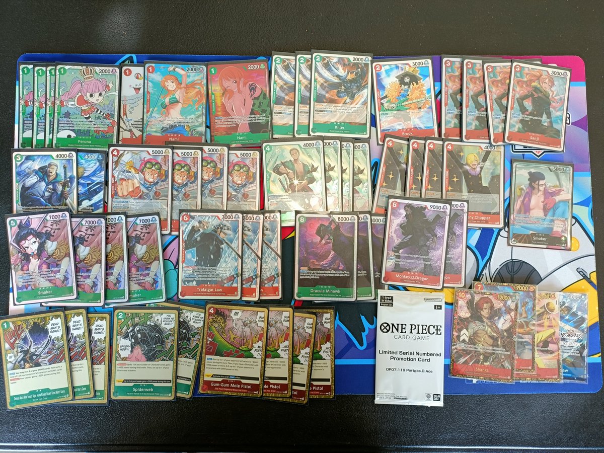 pereOPTCG's tweet photo. Top 4 at Lyon regionals this past weekend with Smoker porro 🚬. Thanks to my friends from the Paràsit Team for their support and shoutout to @elrincondenika for the PRB cards.
#optcg #onepiecetcg https://t.co/btrSOFrGmt