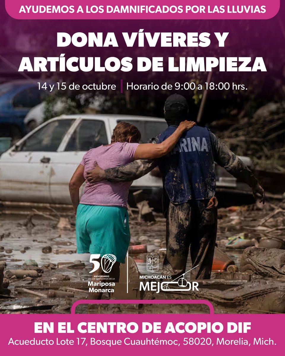 En Michoacán nos solidarizamos con las familias afectadas por las lluvias. Es por eso que nos sumamos a esta jornada en apoyo a quienes más lo necesitan. Este martes 14 y miércoles 15 de octubre, acude al centro de acopio DIF y dona alimentos no perecederos y artículos de