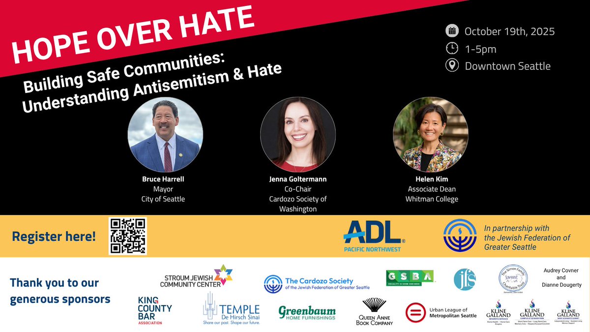 ⏳ Registration for Hope Over Hate closes THIS WEDNESDAY, Oct 15!  Join us Oct 19 in Seattle for keynotes, panels &amp; breakout sessions on confronting antisemitism &amp; building safer communities.  📷 Register now: cvent.me/myzLkB