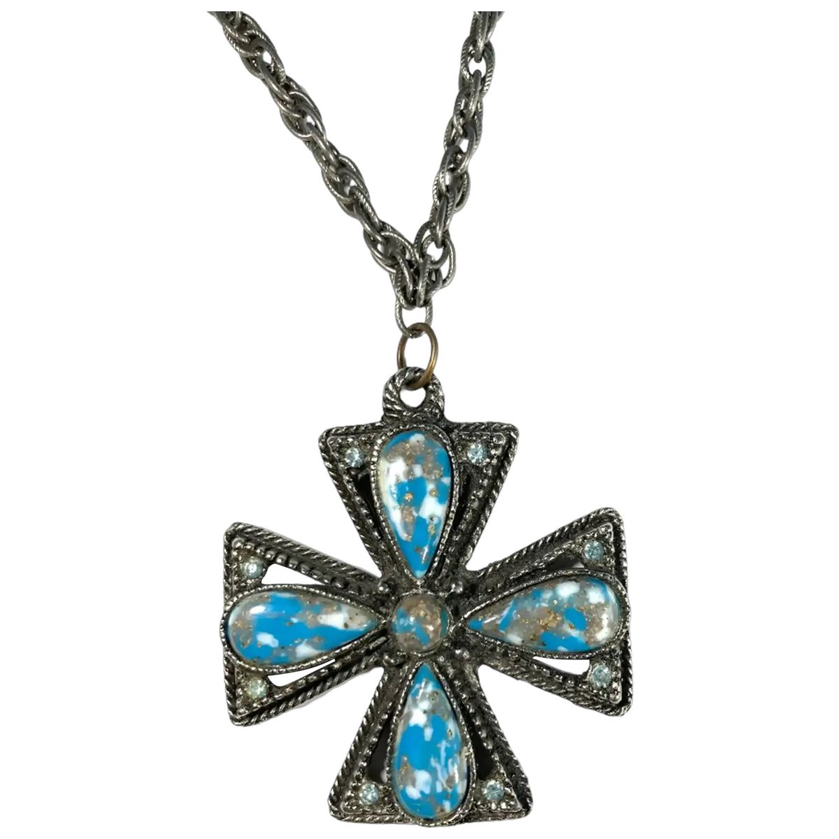 $10 on Sale!
Maltese Cross Blue White Confetti Lucite Cabochons Silvertone Metal Pendant Chain Necklace
#rubylane #vintage #retro #pendant #necklace #Christmas2025 #vintagejewelry #giftideas #glam #fashionista #jewelryaddict  #vintagebeginshere #treasures #bargains #sale
