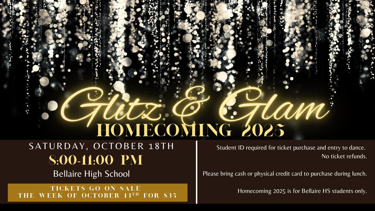 Homecoming Dance Tickets go on sale Monday, October 13th for Seniors only and October 14th-17th ticket sales open to 9-11th grade students. (The homecoming dance can sell out, so we advise buying tickets early.)  Tickets are $35 and cash or physical cards are accepted.