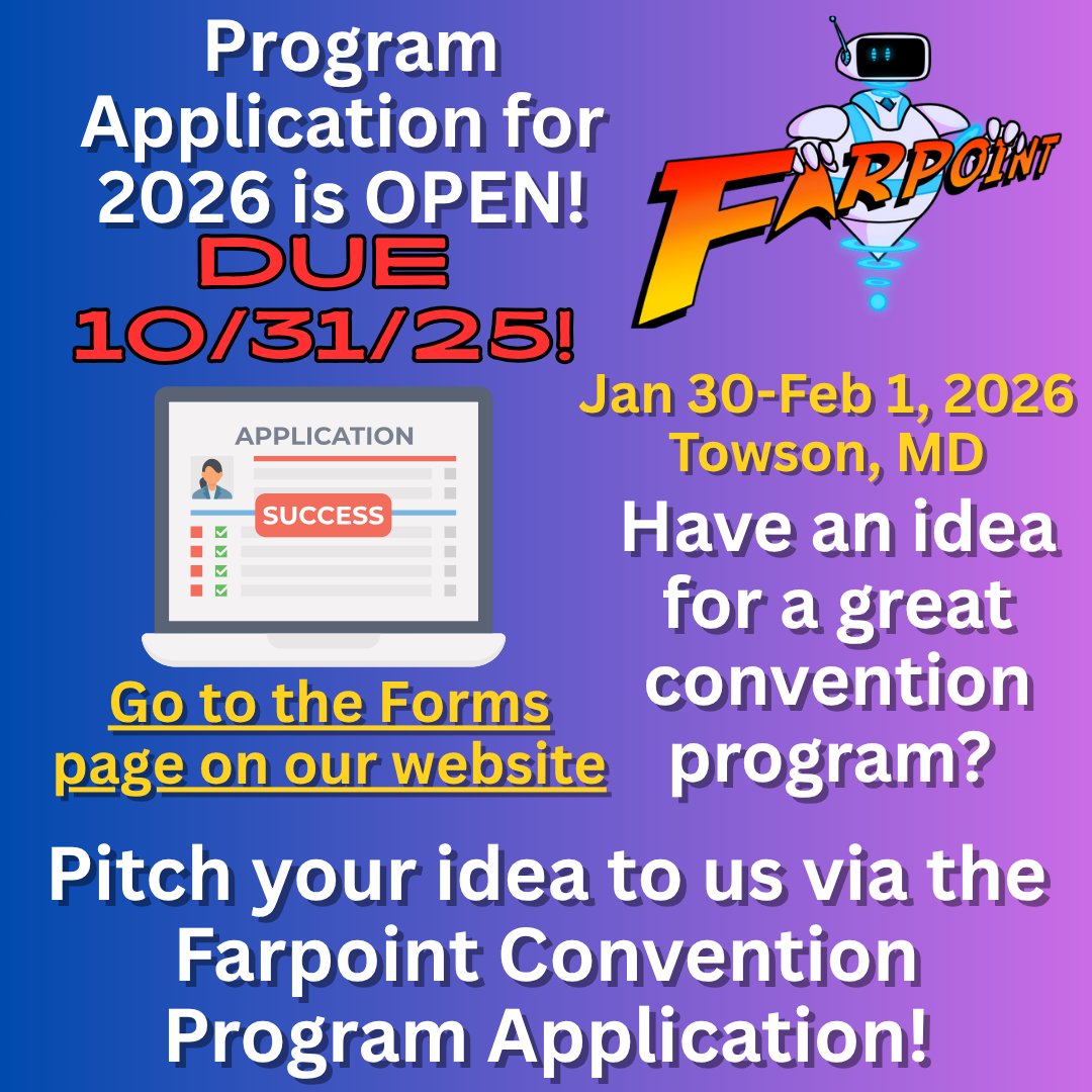 Reminder that our program application is open now through 10/31/2025! Give us your best ideas for events and activities at Farpoint Convention using this online application form farpointcon.com/flier/forms/
#farpointconvention #farpointcon #farpointfoundation #supportlocalconventions