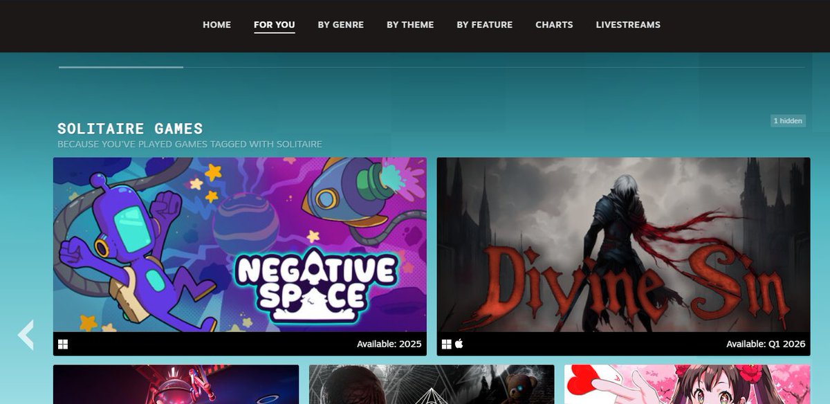 Oh god, it's even worse when I go to the "For You" tab. Steam really do be like "SO I HEARD YOU LIKE SOLITAIRE?!" 🤣