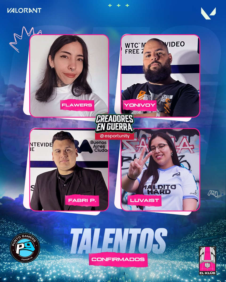 PUNTO GAMERS (@puntogamers_) on Twitter photo ¡CASTERS! 
Llegó el momento de presentar a quienes estarán dandole voz y frescura a "Creadores en Guerra" en EL KLÜB 🤘🏻⚡ 
¡Bienvenidos a esta nueva experiencia! 
🩵 <a href="/FabriPanozzo/">Fabri Panozzo</a>
💜 <a href="/luvaist/">Luvaist</a>
🩵 <a href="/_yonivoy/">Yonivoy 🎙️🇺🇾</a>
💜 <a href="/eyflawers/">Eyflawers</a> ¡CASTERS! 
Llegó el momento de presentar a quienes estarán dandole voz y frescura a "Creadores en Guerra" en EL KLÜB 🤘🏻⚡ 
¡Bienvenidos a esta nueva experiencia! 
🩵 <a href="/FabriPanozzo/">Fabri Panozzo</a>
💜 <a href="/luvaist/">Luvaist</a>
🩵 <a href="/_yonivoy/">Yonivoy 🎙️🇺🇾</a>
💜 <a href="/eyflawers/">Eyflawers</a>