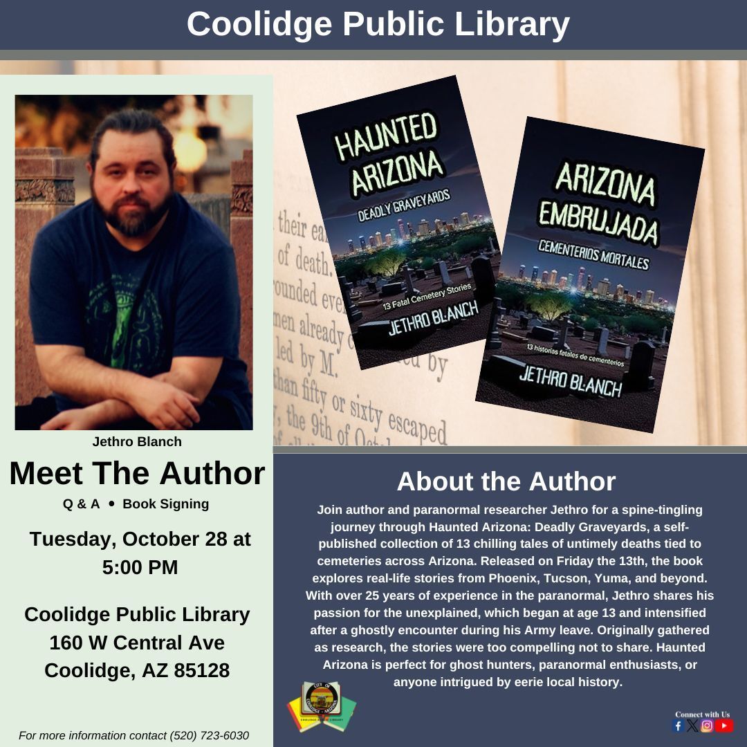 Haunted houses, ghostly tales, and decades of research... Author Jethro Blanch has seen it all. Don’t miss your chance to meet him and hear his chilling stories on Tuesday, October 28 at 5:00 PM.