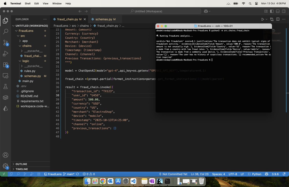 Obed_CR's tweet image. Following up the #LangChain series:

Had some free time this afternoon, the idea is to build a reasoning layer that can assess financial transactions and return structured results using #Pydantic schemas and #LangChain chains.

I’ll try to find some time soon to turn this into an…