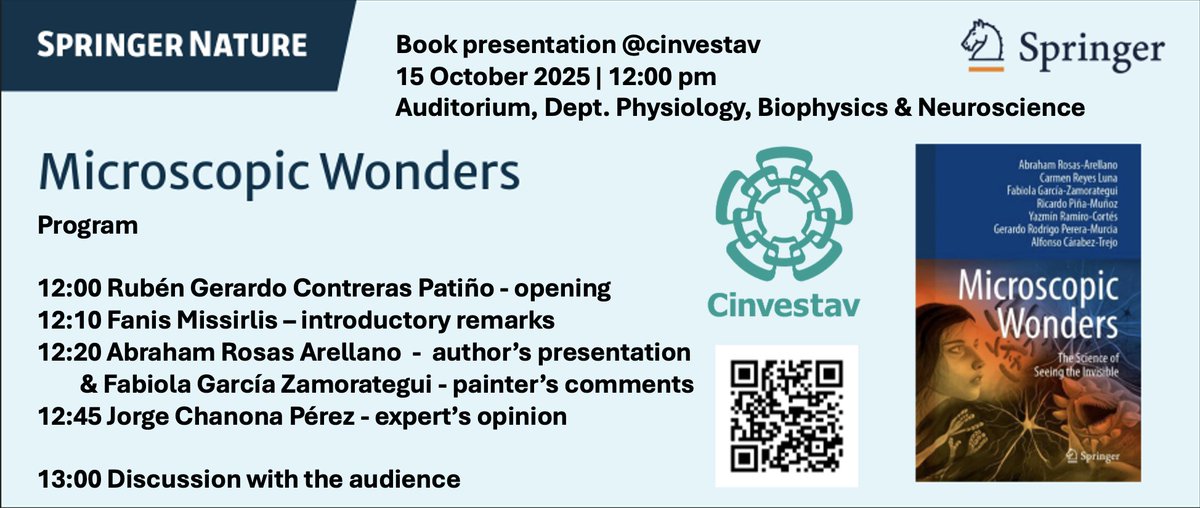 por si no puedes venir hasta el Cinvestav Zacatenco este miércoles 15 de octubre a las 12 horas a la presentación del libro 📘 "Microscopic Wonders: The Science of Seeing the Invisible", el evento será transmitido por el Canal Youtube de nuestro Centro 👇
youtube.com/live/_VGjKsza3…