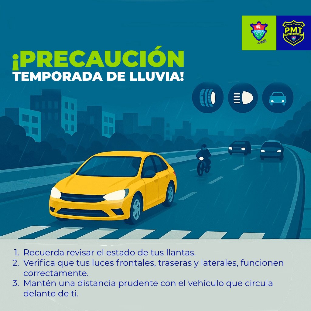 🌧️ En temporada de lluvias, cada decisión cuenta.
La PMT te recuerda que detrás de cada volante hay una historia, una familia, un destino que espera llegar con bien.
💛 Conduce con precaución.
 🕒 Sal con tiempo, evita prisas.
 📱 Infórmate antes de salir.
Cada decisión que tomas