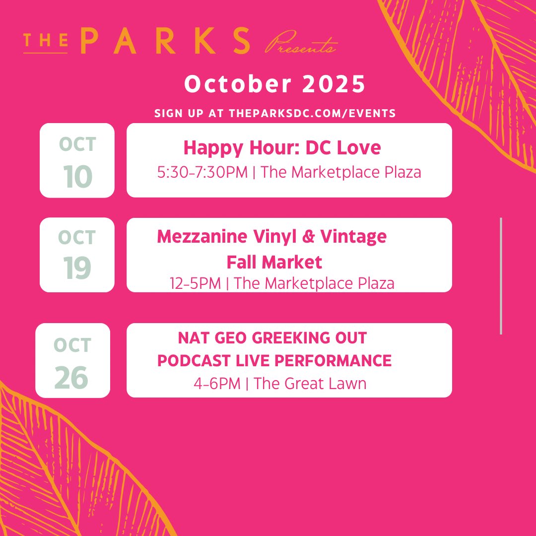 🍁 Fall is in full swing at The Parks — check out our last events of the month! 

🎶 Mezzanine Vintage &amp; Vinyl Fall Festival @mezzanine.vinyl Oct 19, 12–5 PM 🛍️🎵

🎙️ Greeking Out Live Podcast by Nat Geo Oct 26, 4–6 PM 

Learn more: theparksdc.com/events/