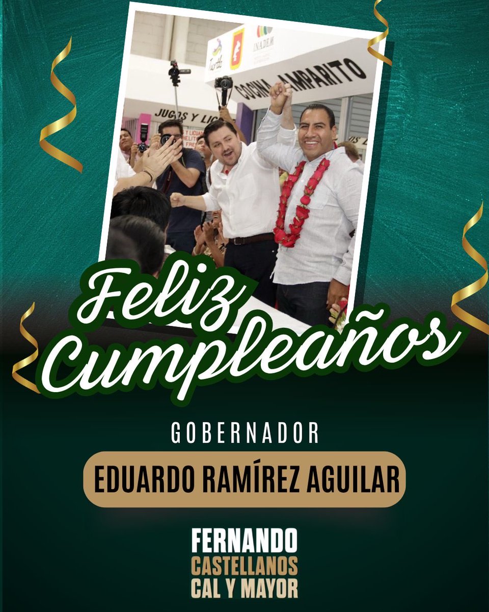 Hoy quiero felicitar al gobernador de Chiapas, Eduardo Ramírez Aguilar, por su cumpleaños.
Le deseo salud, alegría y muchos momentos de satisfacción personal y familiar.
Que siga encontrando inspiración en el cariño de la gente y en el orgullo de servir a nuestra tierra