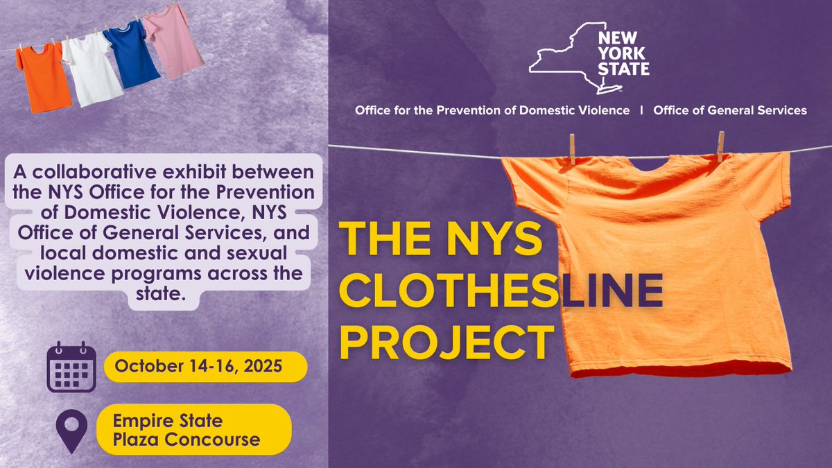 NYSLabor's tweet photo. October is #DomesticViolenceAwarenessMonth. Show your support for victims and survivors by joining @NYSOPDV and @NYS_OGS at the Empire State Plaza October 14-16 for the #ClotheslineProject! Learn more: https://t.co/twtNqRMzVE https://t.co/Rork2vBjSg
