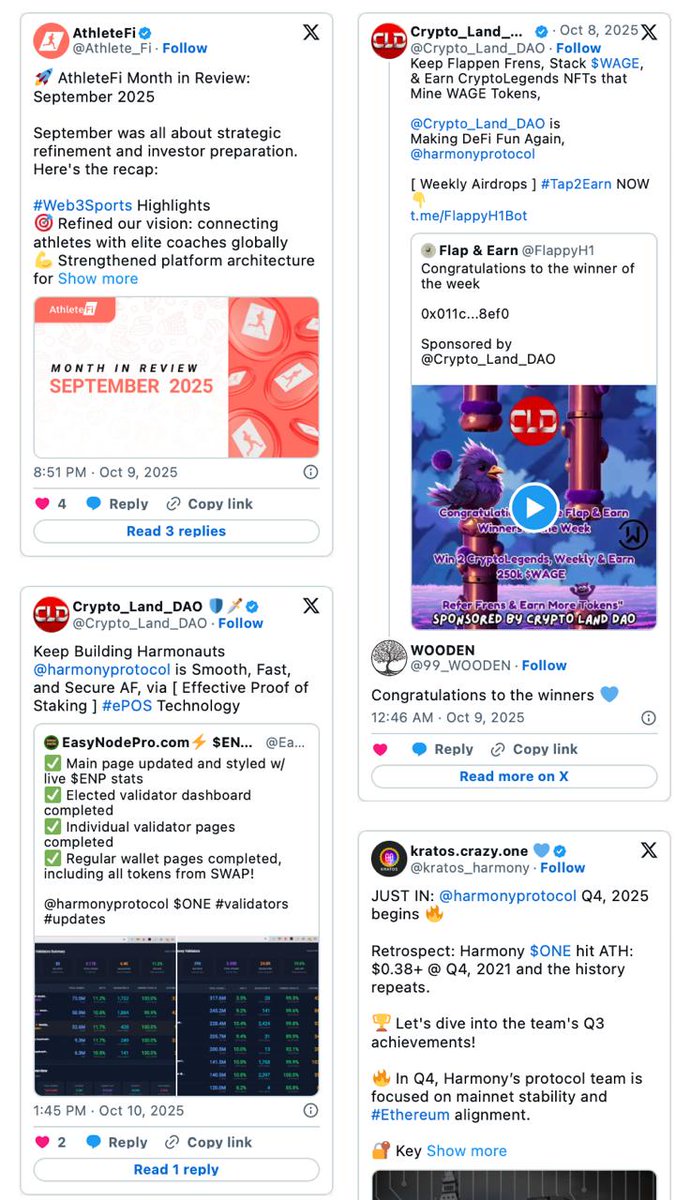 harmonyprotocol's tweet image. Last week on Harmony 💙
🗓️ @Athlete_Fi posted their September recap
📲 @EasyNode shared validator upgrades
🐥 @FlappyH1 airdrops to the weekly winner
4️⃣ @kratos_harmony recaps Q3 Harmony progress