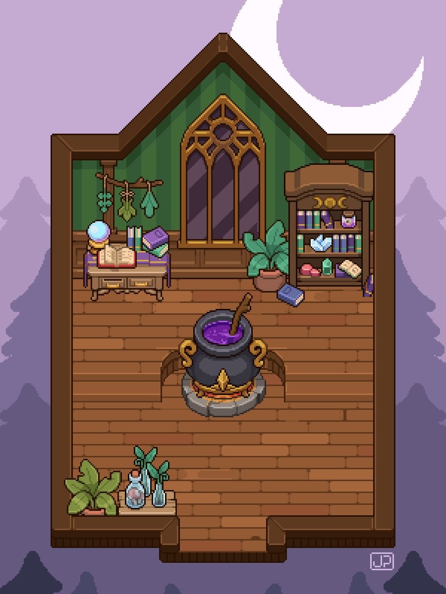 Here’s the witch room update! 
Still need to add lots more ✨

Lmk what else to draw 

#pixelart