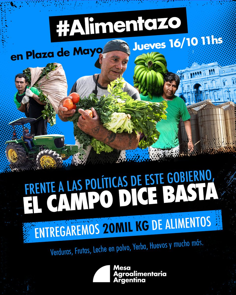 🌽🍅 Este jueves 16 de octubre a las 11hs, el Campo que Alimenta dice ¡BASTA!
Desde la <a href="/MesaAgroArg/">Mesa Agroalimentaria Argentina</a> convocamos a un #Alimentazo en #PlazadeMayo.
Vamos a entregar 20 mil kilos de alimentos producidos por familias campesinas y cooperativas de todo el país.
🧵