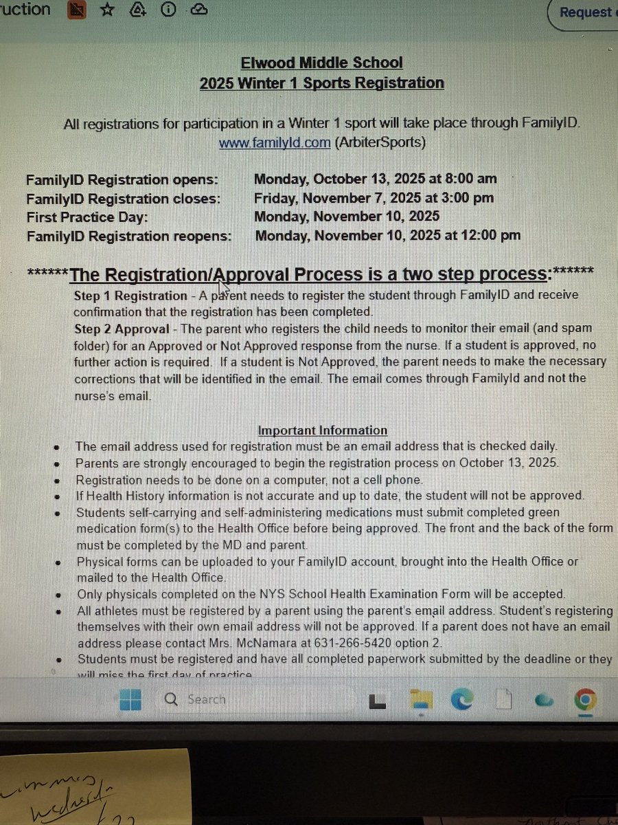 EMS 2025 Winter One Sports Registration Dates.