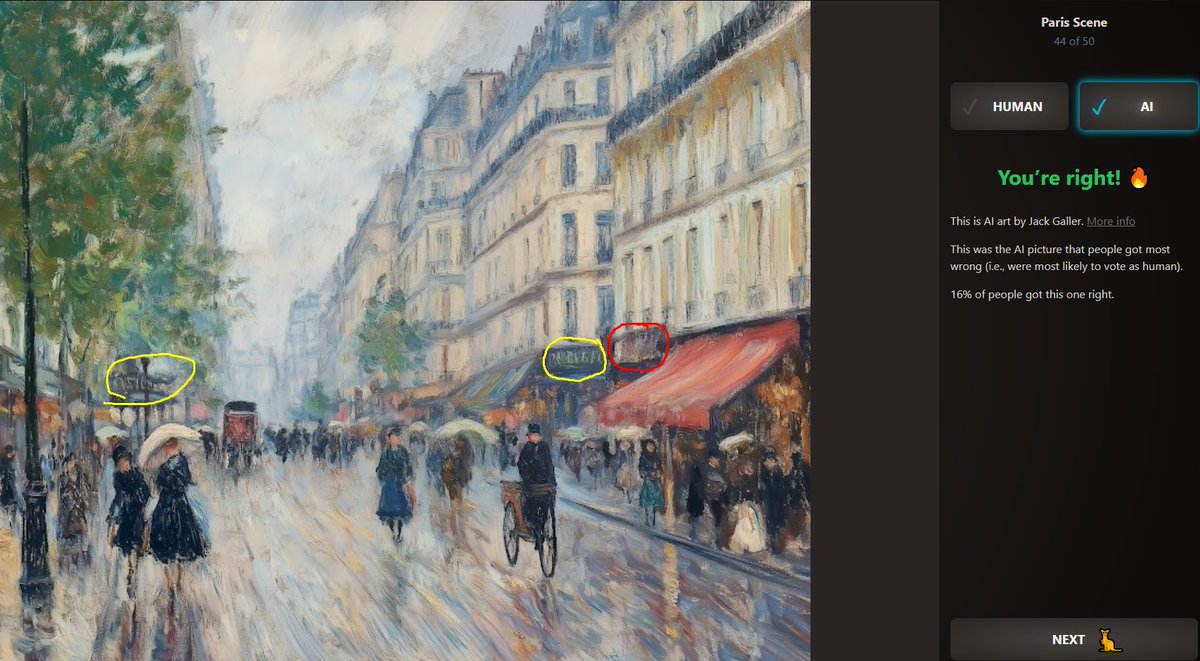 hikiparadise's tweet image. you can identify the AI images by looking for weird compositions, smudges, paths that go nowhere
example: in the AI image that most people got wrong, why would the artist struggle to write text on distant signs (yellow) but omit the one that's closest to the picture plane (red)