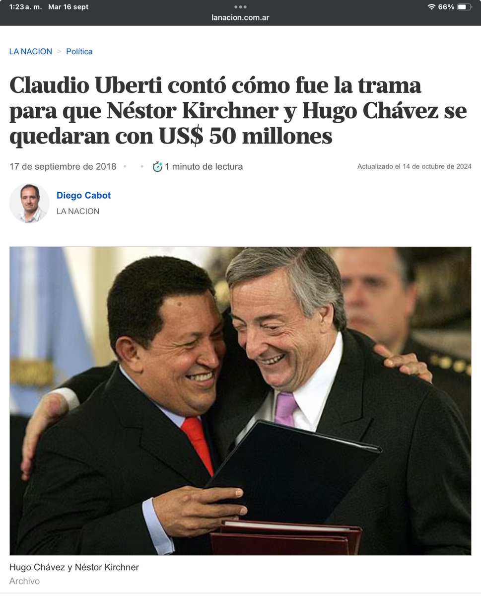 <a href="/EsterLinaLanzi/">LINA</a> Parece q te olvidas una parte, y justamente es LA VERDAD de la historia
Te dejo un recuerdito …. Para q cuando digas algo, CUENTES TOOOOODA LA VERDAD y no solo la q te conviene transmitir
Pagó una deuda q era al 5,5%, con una deuda de Chavez al 14,8%
Y se KURRARON USD 50 PALOS