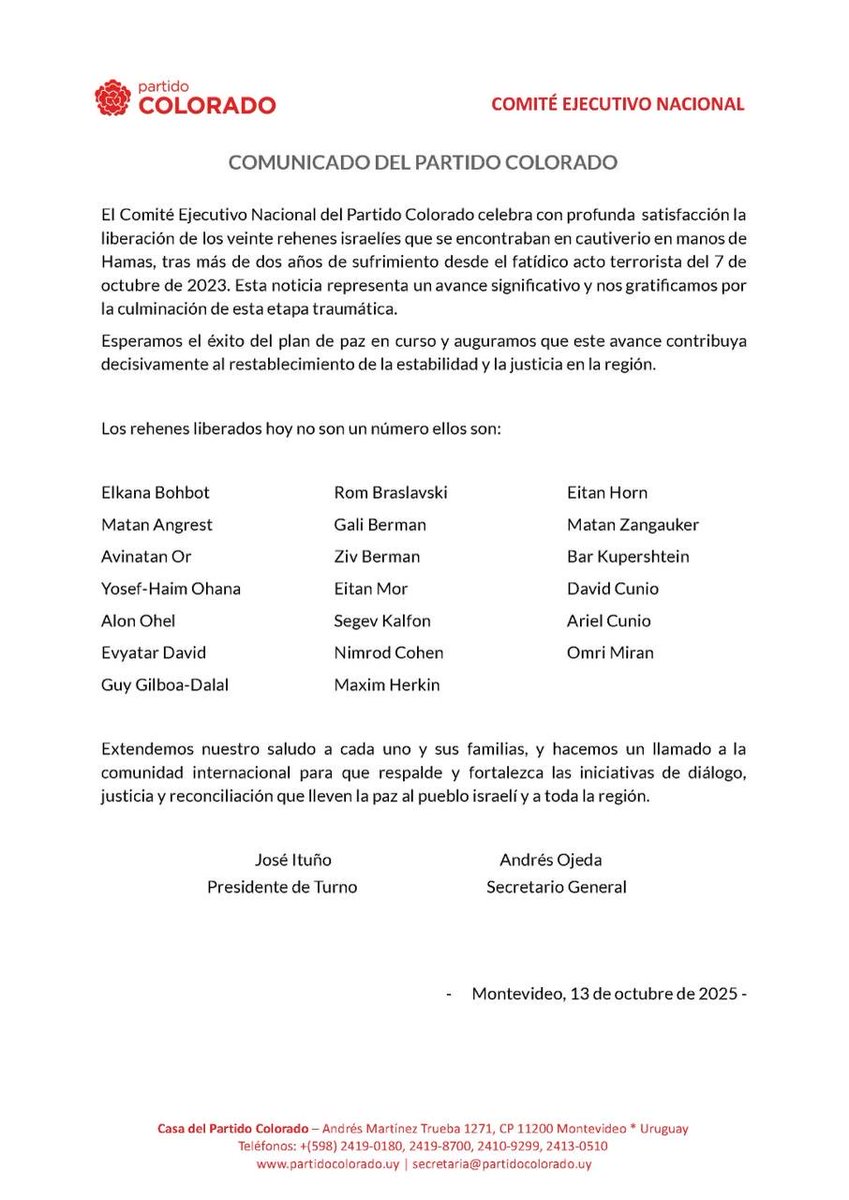 🔴 El Partido Colorado celebra la liberación de los 20 rehenes israelíes que, tras más de dos años de cautiverio en manos de Hamas, hoy recuperan su libertad. 
Lee el comunicado ⤵️