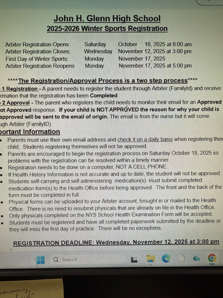 John Glenn Winter Sports 2025-2026 Registration Dates .