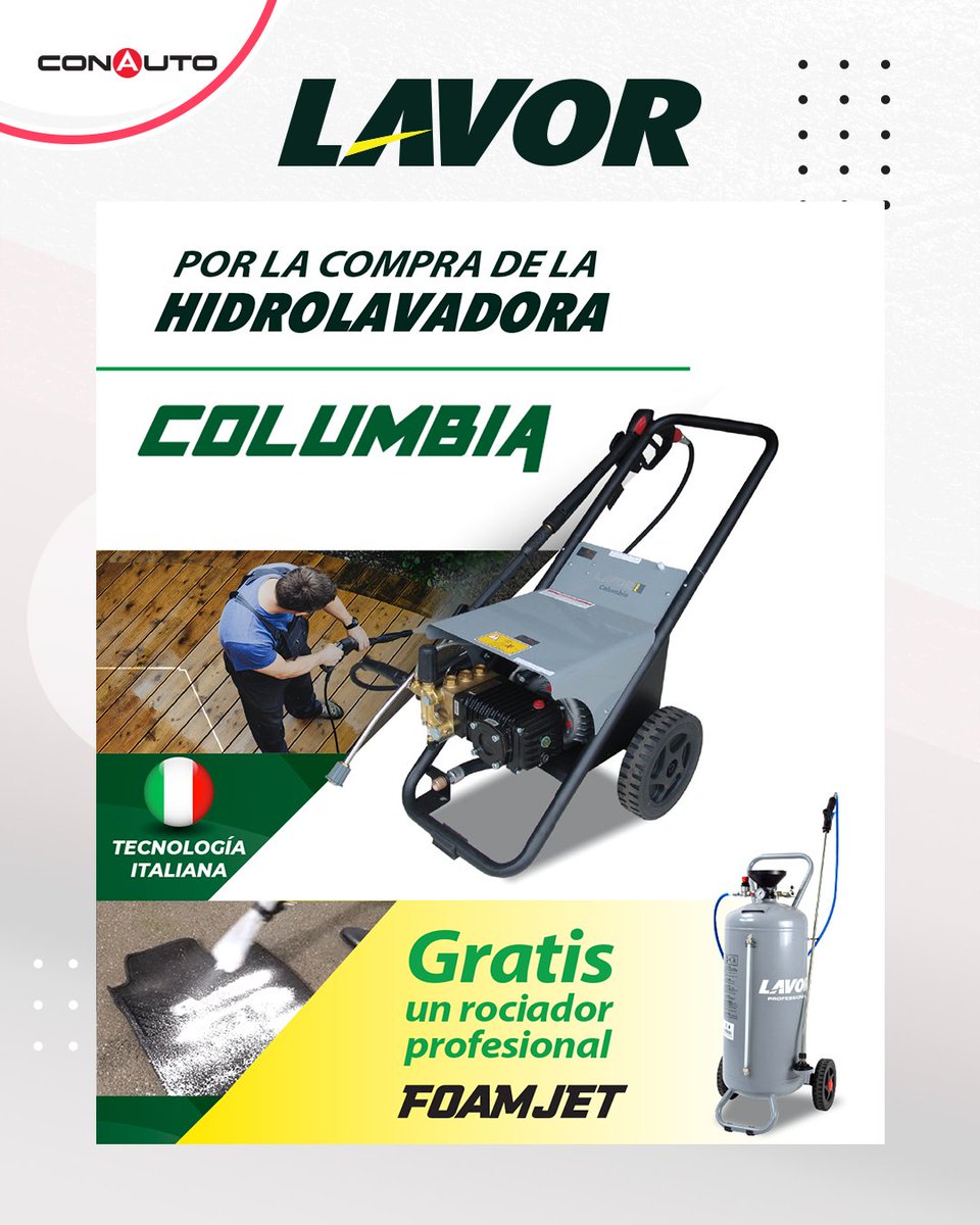 ConautoEC's tweet image. 💦 ¡Potencia italiana en tus manos! 🇮🇹
Compra tu Lavor Columbia y recibe GRATIS un rociador profesional Foamjet.
Solo por tiempo limitado. ⚡

#Lavor #Foamjet #TecnologíaItaliana #Promoción #Conauto
