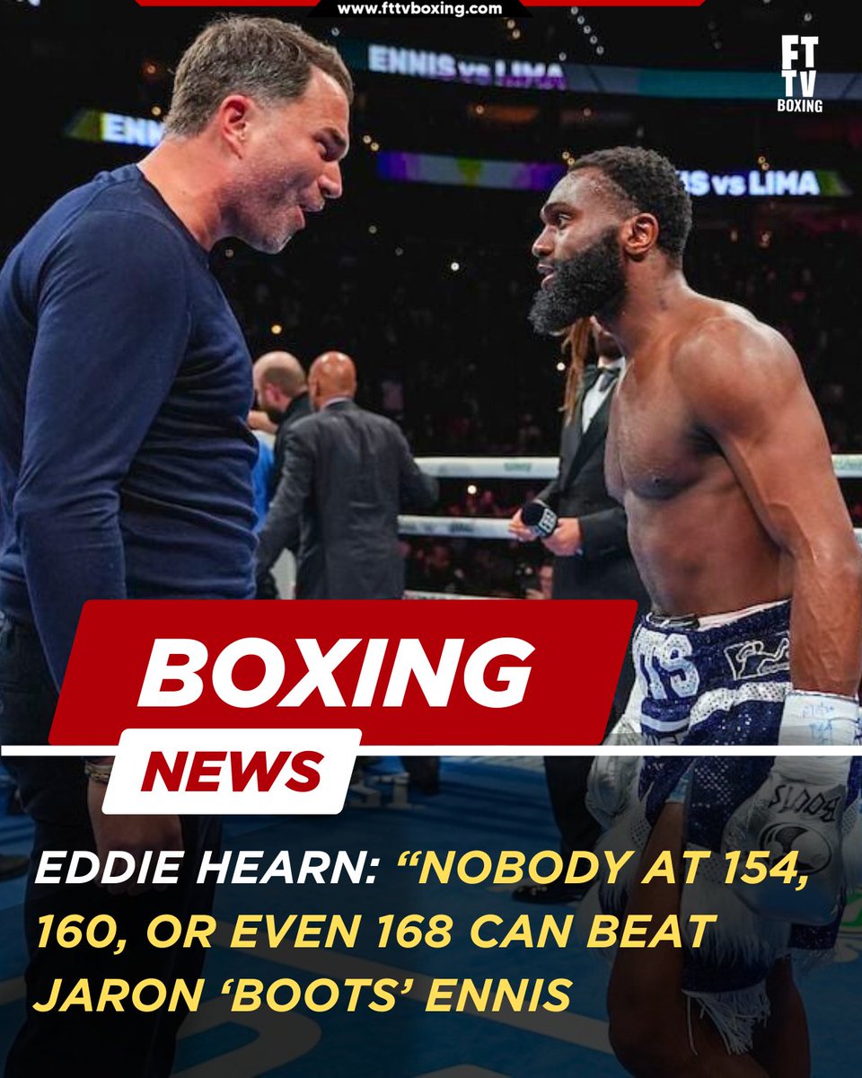 FTTVBoxing's tweet image. Eddie Hearn says Jaron “Boots” Ennis can beat everyone at 154, 160 — and even 168 👀

“We’re coming for everybody, one man [Crawford] included.”

After that 1st-round KO, Hearn believes Boots is unbeatable right now.

#Boxing #BootsEnnis #Crawford #EddieHearn