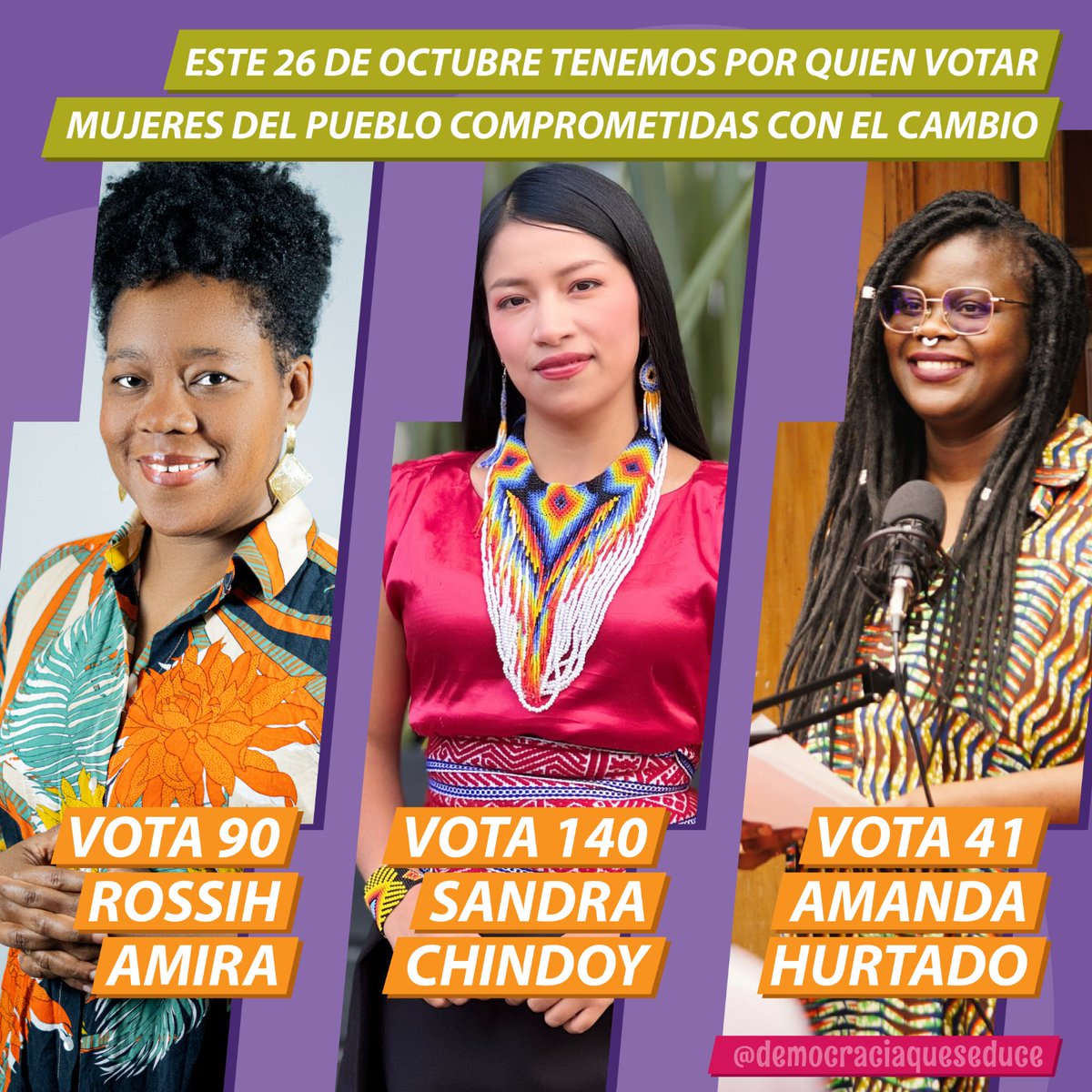Del pueblo y para el pueblo.
Una nueva generación al Senado: izquierda del siglo XXI popular, antirracista y feminista 💜🔥🇨🇴 <a href="/rudyamanda/">Amanda Hurtado</a> <a href="/sandra_chindoy/">Sandra Chindoy</a> <a href="/ami_rossih/">Rossih Amira</a> <a href="/PactoHistorico/">Pacto Histórico Colombia</a>