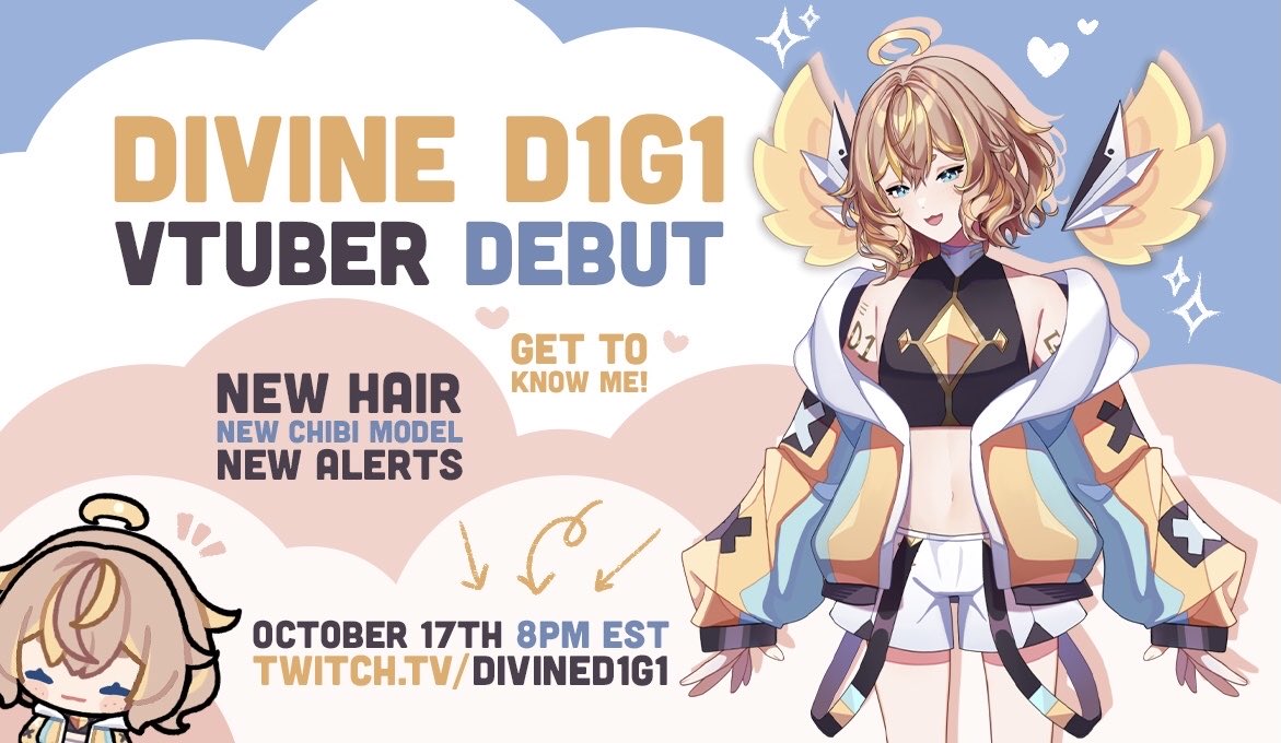✧˖° Vtuber Debut Announcement °˖✧

Yay! I’m finally comfortable enough to debut! Hope you all are able to tune in~🩵💫

📅 Friday October 17th
⏰ 7PM CST / 8PM EST 

✧ #vtuber ✧ #ENVtuber ✧ #VtuberDebut ✧
✧˖°~°˖✧
twitch.tv/divined1g1