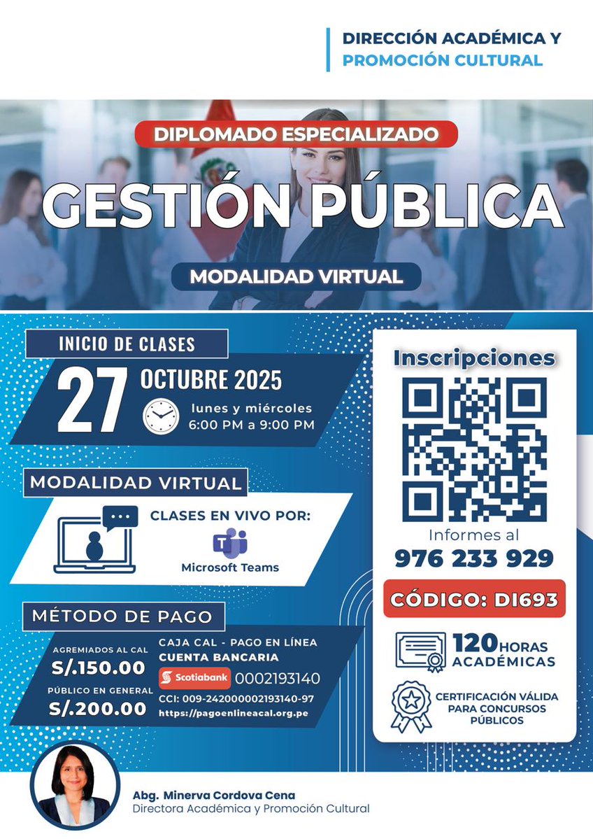 🔵⚖️ #DIPLOMADOSCAL | Diplomado Especializado en Gestión Pública

La Dirección Académica y Promoción Cultural del Ilustre Colegio de Abogados de Lima invita a todos los profesionales del Derecho y afines a participar en el nuevo diplomado Especializado en Gestión Pública,