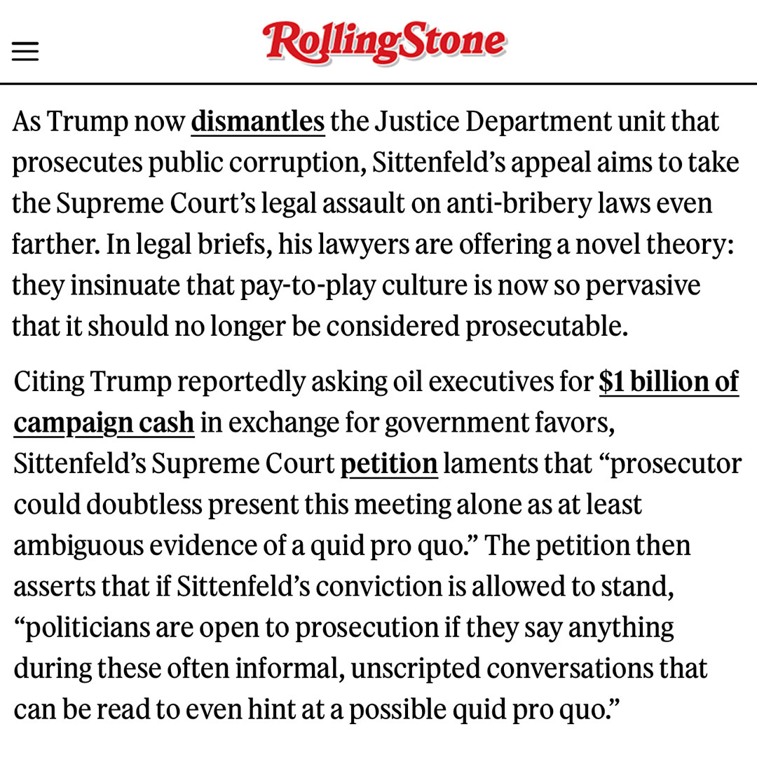 davidsirota's tweet image. 🚨NEW: A case at the Supreme Court cites Trump reportedly promising oil donors favors as proof that pay-to-play influence is so pervasive that bribery laws must be narrowed so pay-to-play is no longer a prosecutable crime.
The case is represented by a Trump-connected law firm.
