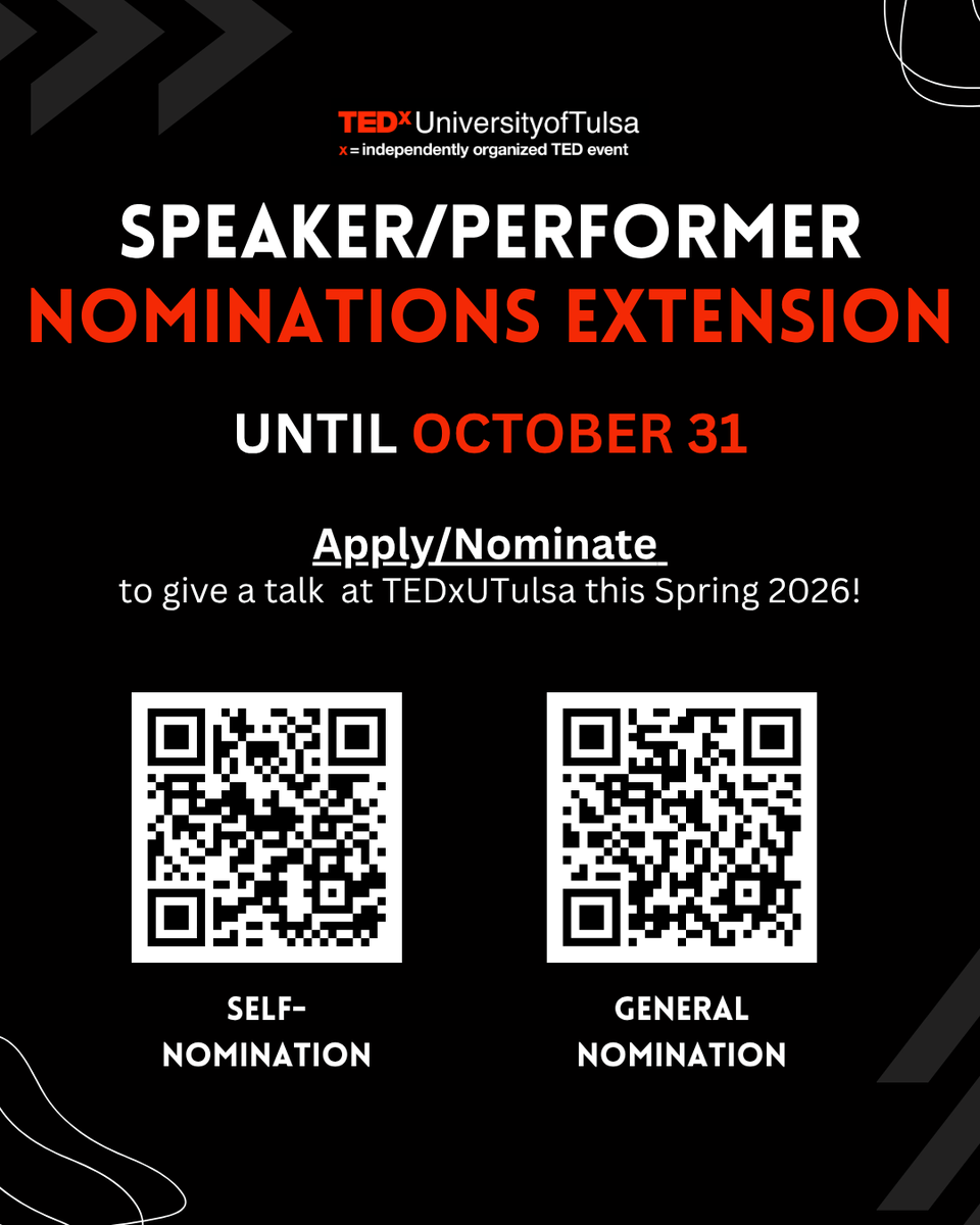 TEDxUTulsa Speaker/Performer Nominations are now EXTENDED until October 31! Apply or nominate to share your brilliant ideas with everyone this Spring 2026! We have the stage prepared for you to shine. #ted #tedxtalk #tedx #speech #education #utulsa
