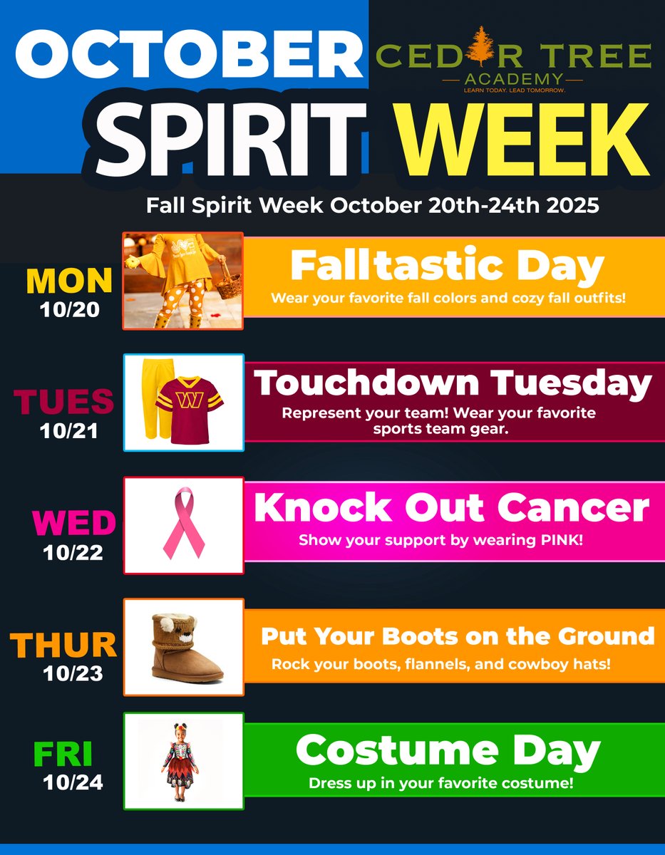 CedarTreeDC's tweet image. Gear up for a week full of spirit!!!! Next week our scholars will partake in themed adventure as a way of showing their school spirit and we can’t wait to see it!!!

#LTLT #CTA