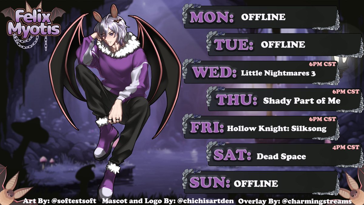 FelixMyotisVT's tweet photo. Schedule for the week! 🎉Hope everybody is having a great day and see you Wednesday! 💜🦇 https://t.co/2WwEYVxILr