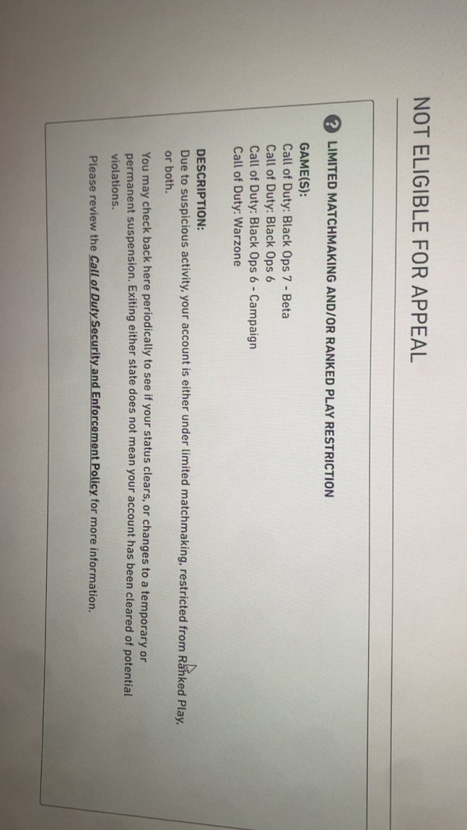 Babydrivers135's tweet photo. @ATVIAssist My Activision account (ID: Babydrivers135#9694728) has been under matchmaking restriction for over a year. It says “Not eligible for appeal.” Can someone please review my account status? Thank you 🙏
#CallOfDuty #Activision https://t.co/tEpMidJfjx