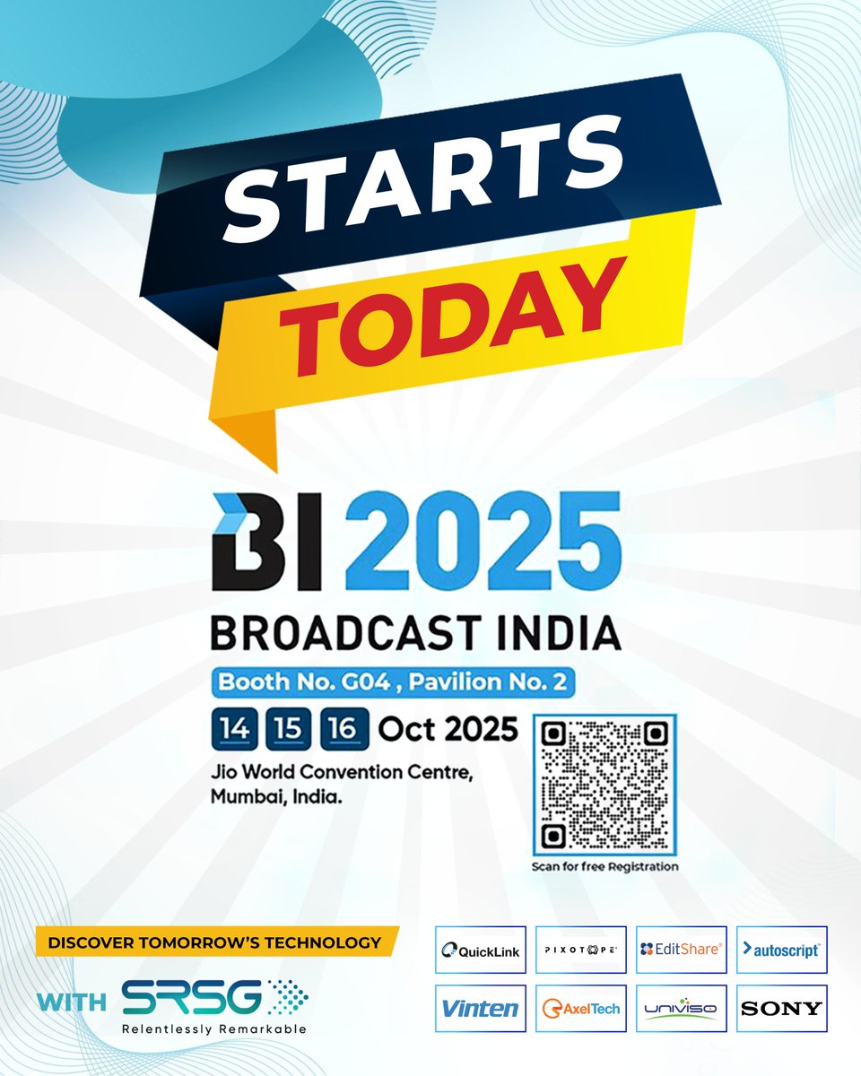 Broadcast India 2025 starts today! 🎬

Join #SRSG at Booth G04, Pavilion 2 — Jio World Convention Centre, Mumbai.

Explore tomorrow’s broadcast tech, live demos &amp; more.
👉 srsg.com/bi2025/

...
#BroadcastIndia2025 #SRSG #BroadcastTech
