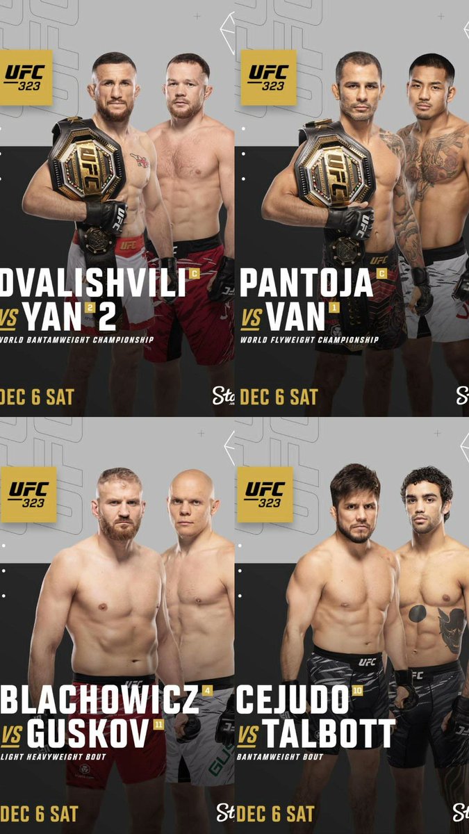 FightTimeNetwrk's tweet photo. UFC 323, Dec 6: Dvalishvili vs. Yan, Pantoja vs. Van, Blachowicz vs. Guskov, Cejudo vs. Talbott. Championship battles incoming! 🥊 Who’s taking the belts? #UFC323 #MMA #FightNight https://t.co/S6oZCTAJcj